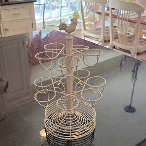Vintage French Chicken Wire Egg Holder Stand -Cream Metal Rooster, Easter